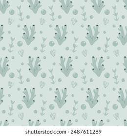 Coral reef, algae and water bubbles seamless pattern. Underwater life endless background. Vector hand drawn flat illustration.