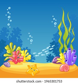 Ilustración del vector de fondo del arrecife de coral. Paisaje marino, lindo estilo de dibujos animados de los niños. Algas marinas, corales, pez estrella, mundo submarino, acuario, acuario, papel pintado, salvapantallas.