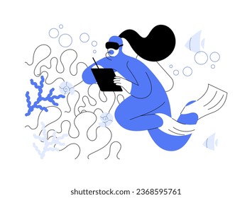 Coral reef bleaching abstract concept vector illustration. Woman deals with coral reef research, studying of environmental problem, global warming effects, ocean acidification abstract metaphor.