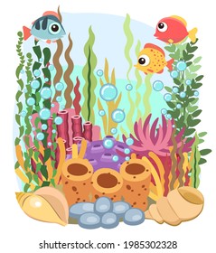 Coral reef. Bottom of reservoir. Sea ocean. Underwater. Landscape with fish, plants, algae and corals. Bubbles. Isolated. Illustration in cartoon style. Flat design. Vector art