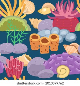 Coral reef. The bottom of the reservoir. Sea ocean. Underwater landscape with plants, algae and corals. Seamless. Illustration in cartoon style. Flat design. Vector art
