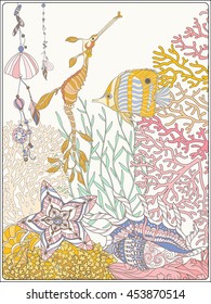 Coral reef collection. Corals, fish and sea shells on bottom composition. Vector illustration.