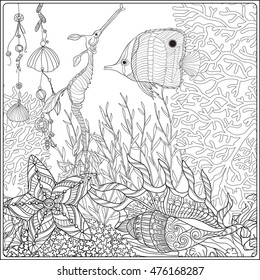 Coral reef collection. Corals, fish and sea shells on bottom composition. Vector illustration. Coloring book for adult and older children. Outline drawing coloring page.