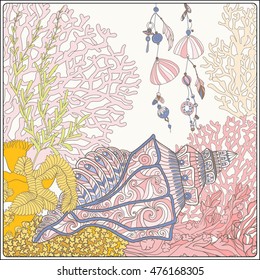 Coral reef collection. Corals, fish and sea shells on bottom composition. Vector illustration.