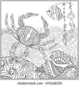 Coral reef collection. Corals, fish and sea shells on bottom composition. Vector illustration. Coloring book for adult and older children. Outline drawing coloring page.