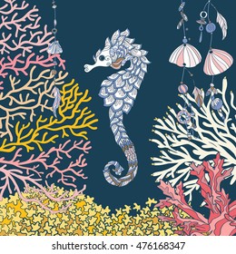 Coral reef collection. Corals, fish and sea shells on bottom composition. Vector illustration.