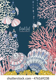 Coral reef collection. Corals, fish and sea shells on bottom composition with space for text. Vector illustration. 