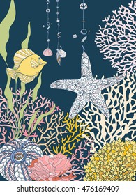 Coral reef collection. Corals, fish and sea shells on bottom composition. Vector illustration.