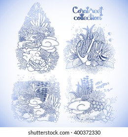 Coral reef collection drawn in line art style. Sea and ocean plants and rocks isolated on white. Coloring page design 