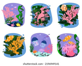 CORAL REEF collection of prints with coral fish, marine animals, algae, seahorse, starfish with a sea mood, travel and leisure. Vector illustration bundle