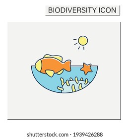 Coral reef color icon. Underwater ecosystem characterized by reef-building corals. Living place for seafish, starfish, corals. Biodiversity concept. Isolated vector illustration