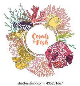 Coral reef with corals and fish. Card, banner with space for text. Colored Vector illustration.