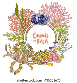 Coral reef with corals and fish. Card, banner with space for text. Colored Vector illustration.