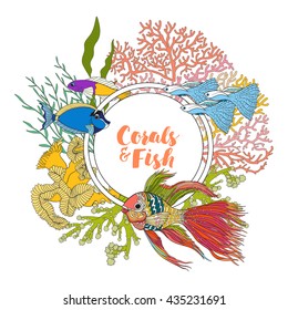 Coral reef with corals and fish. Card, banner with space for text. Colored Vector illustration.