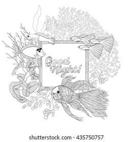 Coral reef with corals and fish. Coloring book for adult and older children. Outline drawing coloring page. Vector illustration. With space for text