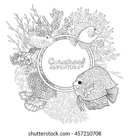 Coral reef with corals and fish. Coloring book for adult and older children. Outline drawing coloring page. Vector illustration. With space for text