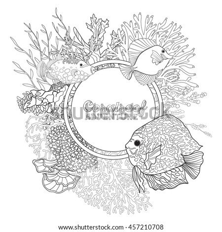 Coral Reef With Corals And Fish Coloring Book For Adult Older Children Outline
