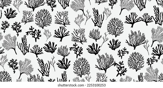 Coral reef drawn with black ink seamless pattern. Black and white illustration. Vector sketch. 