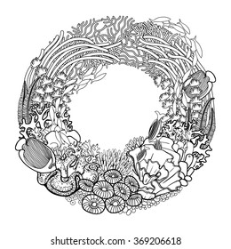 Coral reef drawn in a line art style. Marine wreath. Sea and ocean plants and rocks isolated on white background. Coloring book page design for adults and kids