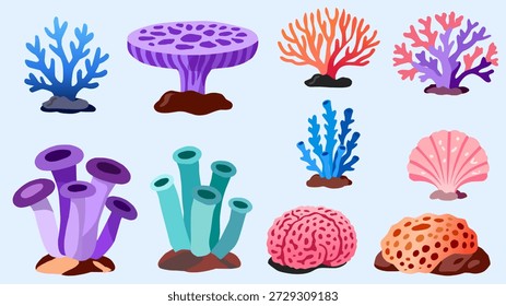 Elementos de arrecife de coral en estilo plano de dibujos animados para el tema del océano. Perfecto para escenas submarinas, diseño infantil, educación, carteles marinos y marca acuática.