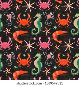 Coral reef fauna pattern with tropical starfishes, jellyfish, crab, shrimps and seahorse. Ocean underwater animals, seamless background with exotic see wildlife for prints, fabric and wrapping paper.