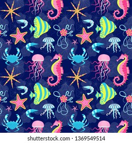 Coral reef fauna pattern with tropical starfishes, jellyfishes, crab, angelfish and seahorse. Ocean underwater animals, seamless background with exotic sea life for prints, fabric and wrapping paper.