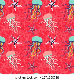 Coral reef fauna pattern with tropical starfishes and jellyfishes. Ocean underwater animals, tropical aquatic life seamless background with medusa and sea stars for prints, fabric and wrapping paper.