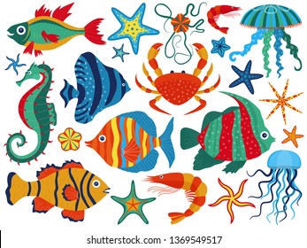 Coral reef fauna with tropical fishes, starfishes, jellyfishes, shrimps, crab and seahorse. Sea stars and ocean underwater animals, marine biodiversity design elements collection. Aquatic life set.