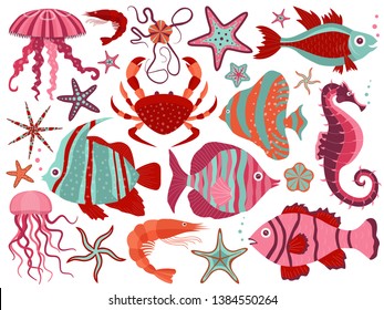 Coral reef fauna with tropical fishes, starfishes, jellyfishes, shrimps, crab and seahorse. Sea stars and ocean underwater animals, marine biodiversity design elements collection. Aquatic life set.