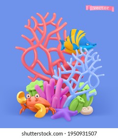 Coral reef and fish. 3d vector cartoon illustration. Plasticine art objects