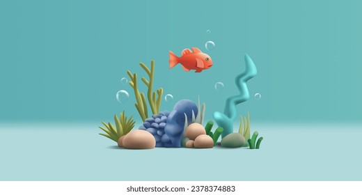 Coral reef and fish. 3d vector cartoon illustration with seaweed and bubbles under water composition