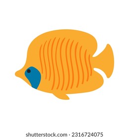 Coral reef fish, angelfish hand drawn illustration. Cartoon style flat design, isolated vector. Kids summer print, seasonal element, holidays, vacations, beach, marine life, aquatic animal