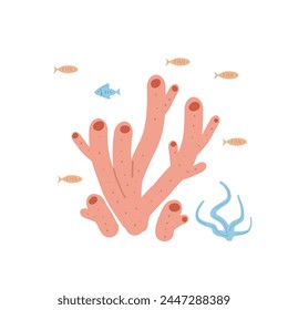 Coral reef with fish emblem isolated on white background. Ocean underwater elements. Vector flat illustration.