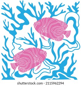 coral reef fish in minimalist style and elegant white background. Beautiful for fabric patterns and home wall decoration prints.