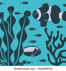 Coral Reef with fish on a blue sea background. Vector illustration 