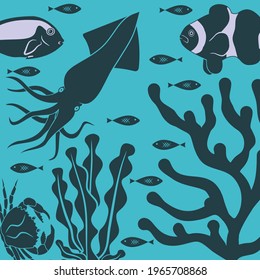 Coral Reef with fish on a blue sea background. Vector illustration