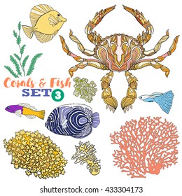 Coral reef and fish set. Colored Vector illustration.