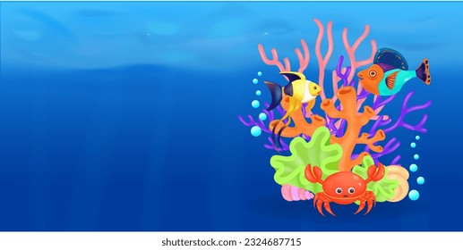 Coral reef, fish, shells and crab. 3d vector cartoon illustration.