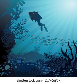 Coral reef with fish and silhouette of diver on blue sea background