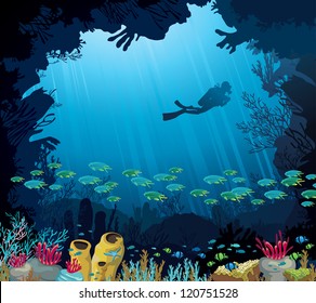 Coral reef with fish and silhouette of diver on blue sea background. Underwater tropic life.