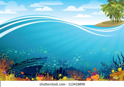 Coral reef with fish and silhouette of sunken ship under the island with palm trees