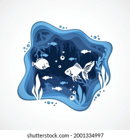 Coral reef fish species with vector papercut style of underwater deep sea