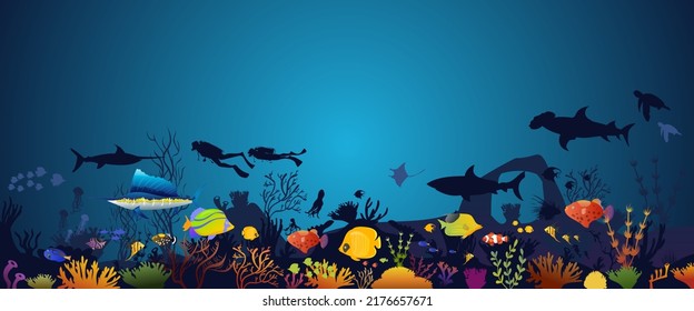 coral reef with fish underwater on a blue sea background. Vector ocean panoramic illustration.	
