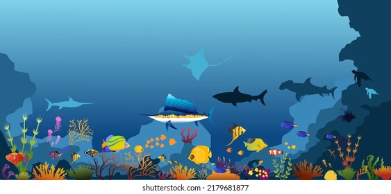 coral reef with fish underwater on a blue sea background. Vector ocean panoramic illustration.	