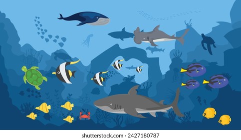 coral reef with fish underwater on a blue sea background. Vector ocean panoramic illustration.