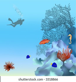 Coral reef with fish. Vector. Mesh.