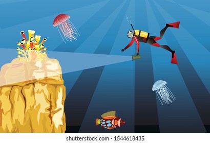  coral reef and fishes on a blue sea deep, diver, Underwater marine life. Vector panoramic illustration.