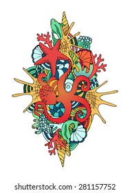 Coral reef. Hand drawn doodle. Vector illustration