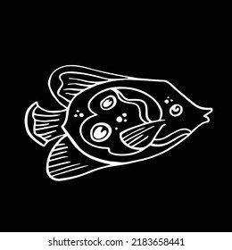 coral reef of hand-drawn ink vector. art print coral reef and fish. line fish on black.