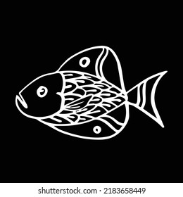 coral reef of hand-drawn ink vector. art print coral reef and fish. line fish on black.